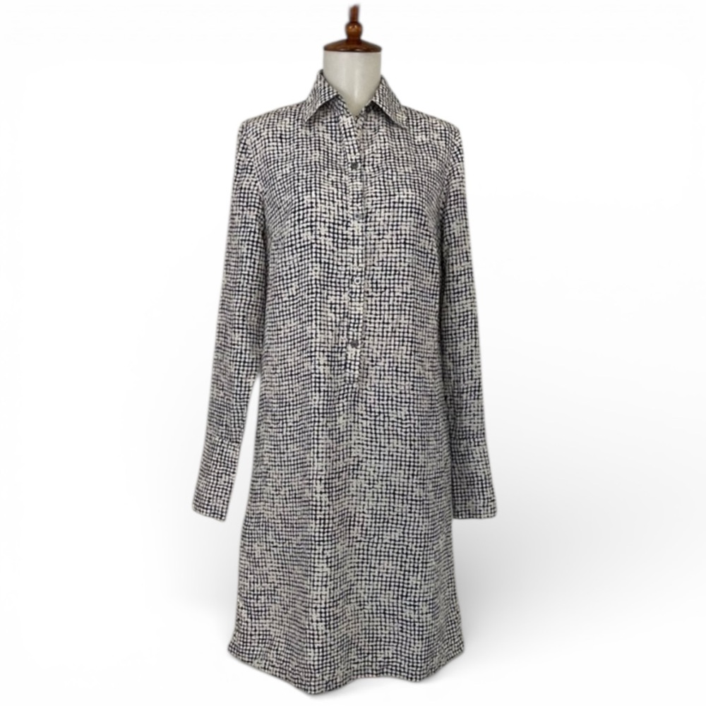 Martin + Osa Silk Dress M Long Sleeve Blue White Grid Print Shift Mini Tunic